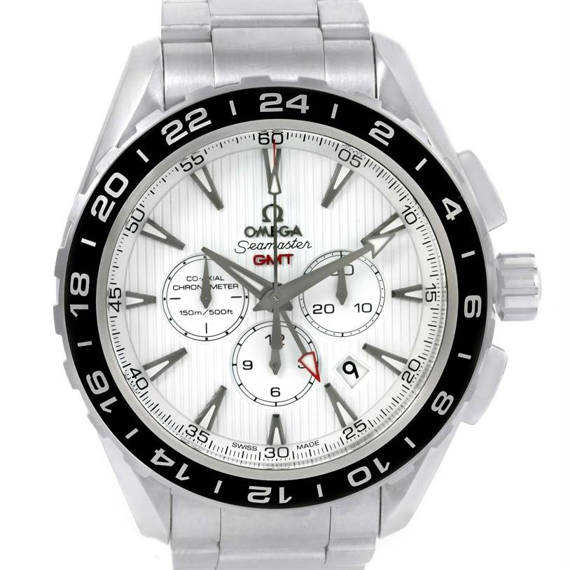 This is a front view of an Omega Seamaster GMT watch showing the dial, bezel, and stainless steel bracelet.