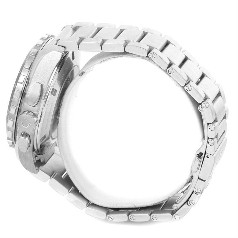 The image shows a side angle of an Omega Speedmaster 231.10.44.52.04.001 Men
s Stainless Steel White Dial 231.10.44.52.04.001 Men
s Stainless Steel White Dial watch, highlighting the bracelet, case, pushers, and crown.