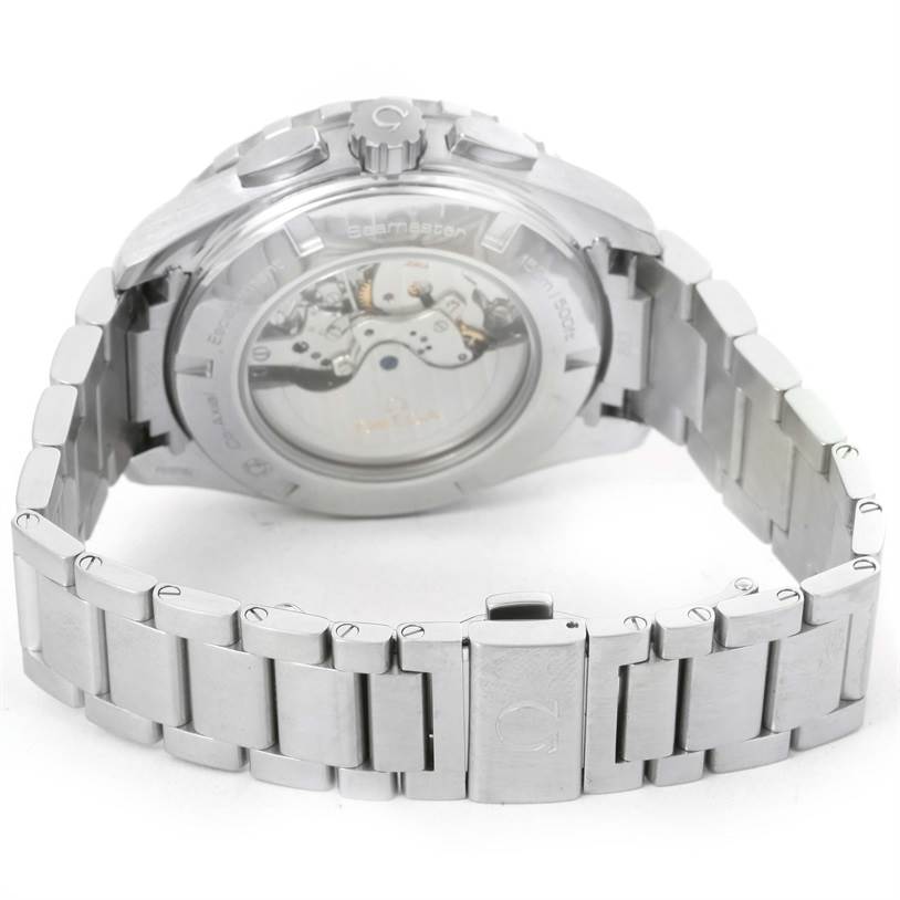 This image shows the back and side view of the Omega Speedmaster 231.10.44.52.04.001 Men
s Stainless Steel White Dial 231.10.44.52.04.001 Men
s Stainless Steel White Dial watch, focusing on the transparent case back and metal bracelet.