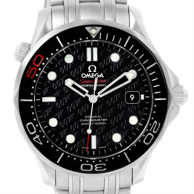 The image shows a frontal view of an Omega Speedmaster watch, highlighting its black dial, bezel, and stainless steel bracelet.