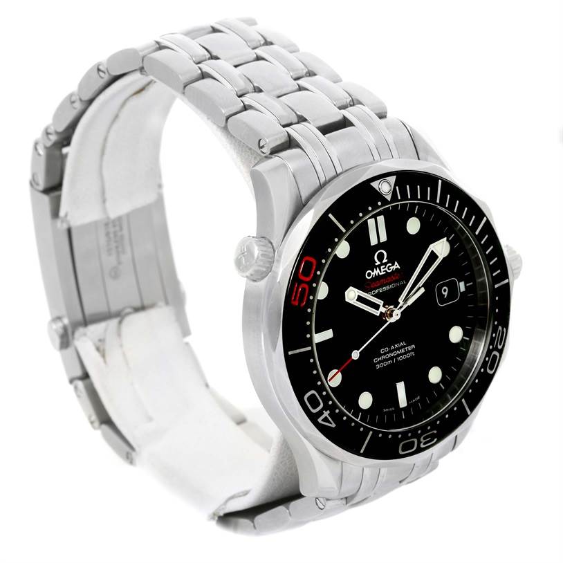 The image shows an Omega Speedmaster 212.30.41.20.01.005 Men
s Stainless Steel Black Dial 212.30.41.20.01.005 Men
s Stainless Steel Black Dial watch from a three-quarter angle highlighting its black dial, bezel, and metal bracelet.