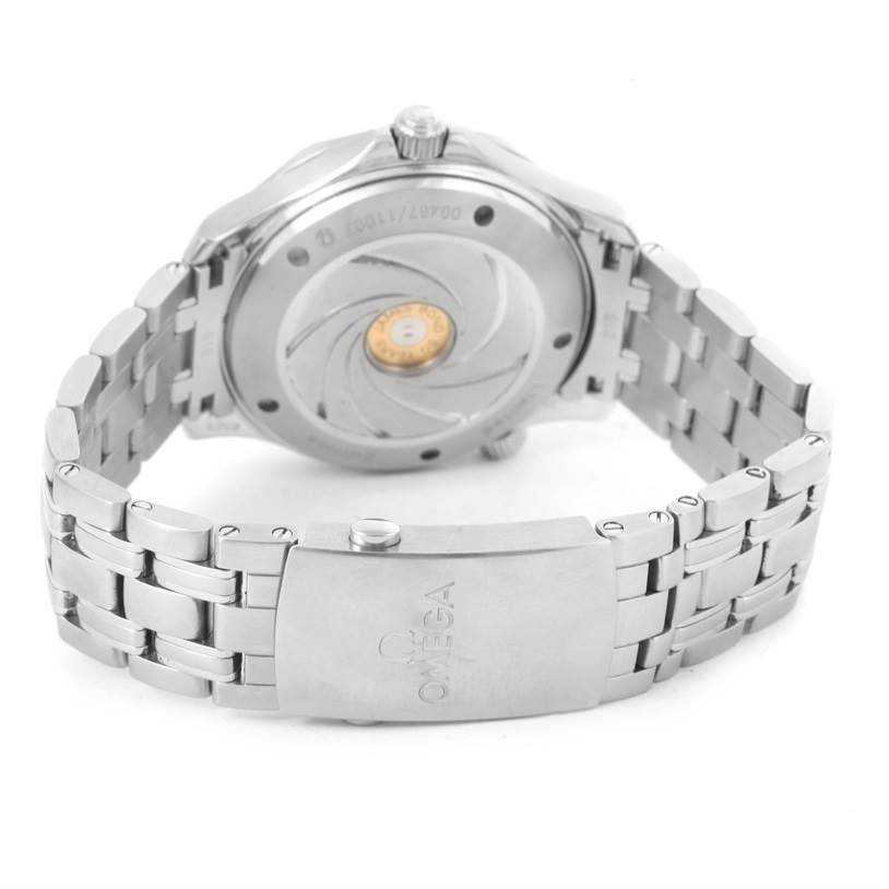 The image shows the back view of an Omega Speedmaster 212.30.41.20.01.005 Men
s Stainless Steel Black Dial 212.30.41.20.01.005 Men
s Stainless Steel Black Dial watch, highlighting the case back and metal bracelet.