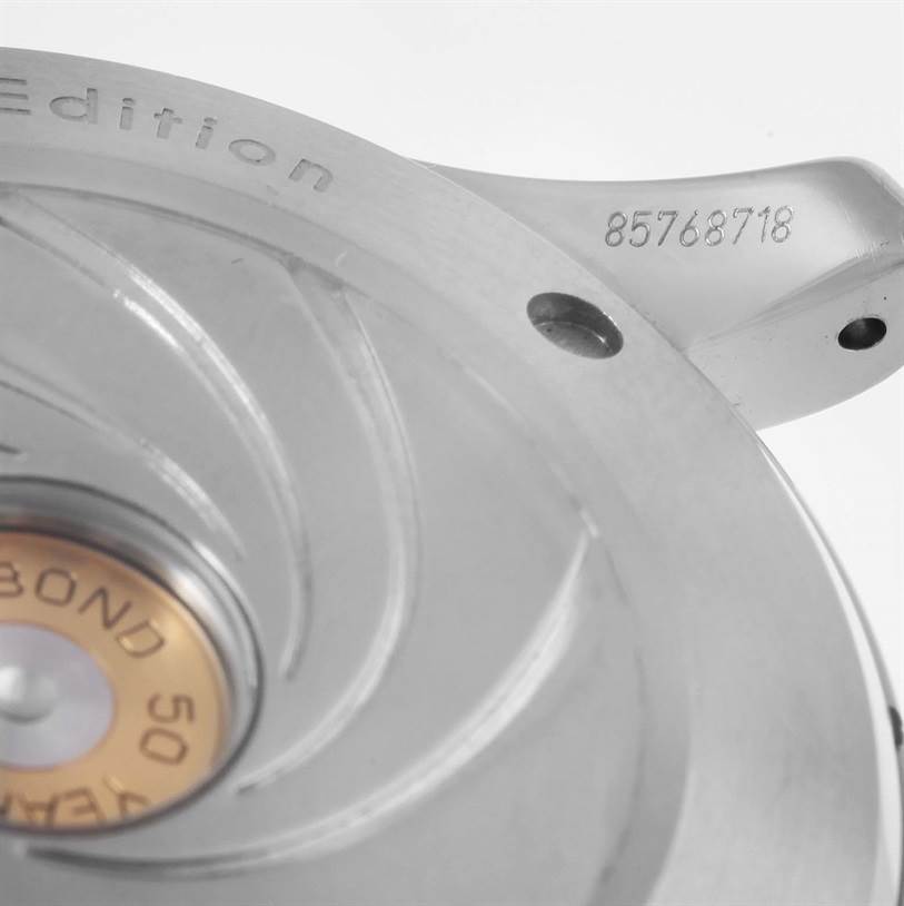 This image shows a close-up of the case back of an Omega Speedmaster 212.30.41.20.01.005 Men
s Stainless Steel Black Dial 212.30.41.20.01.005 Men
s Stainless Steel Black Dial watch, highlighting its engravings and serial number.