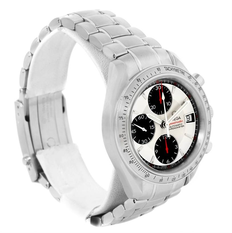 The image shows a side angle of an Omega Speedmaster 3211.31.00 Men
s Stainless Steel Silver Dial 3211.31.00 Men
s Stainless Steel Silver Dial watch, highlighting its stainless steel bracelet, dial, and tachymeter bezel.