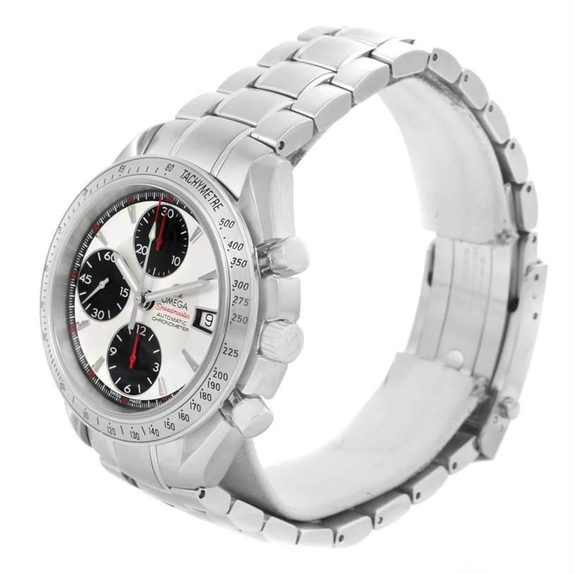 The Omega Speedmaster 3211.31.00 Men
s Stainless Steel Silver Dial 3211.31.00 Men
s Stainless Steel Silver Dial watch is shown at a slight side angle, highlighting the face, bezel, crown, and metal bracelet.