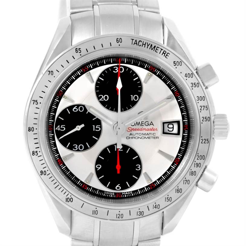 The image shows a frontal view of the Omega Speedmaster 3211.31.00 Men
s Stainless Steel Silver Dial 3211.31.00 Men
s Stainless Steel Silver Dial watch, highlighting its dial, sub-dials, date window, and tachymeter bezel.