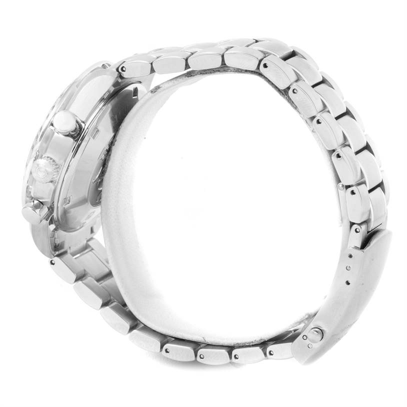 The image displays a side view of an Omega Speedmaster 3211.31.00 Men
s Stainless Steel Silver Dial 3211.31.00 Men
s Stainless Steel Silver Dial watch, focusing on its bracelet, case, and crown.