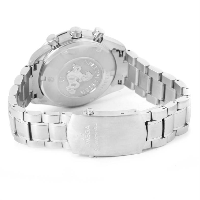 The image shows the back and clasp of an Omega Speedmaster 3211.31.00 Men
s Stainless Steel Silver Dial 3211.31.00 Men
s Stainless Steel Silver Dial watch at an angled rear view.