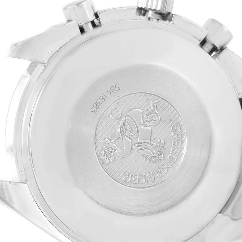 The image shows the case back of an Omega Speedmaster 3510.82.00 Men
s Stainless Steel Blue Dial 3510.82.00 Men
s Stainless Steel Blue Dial watch taken from a rear angle.