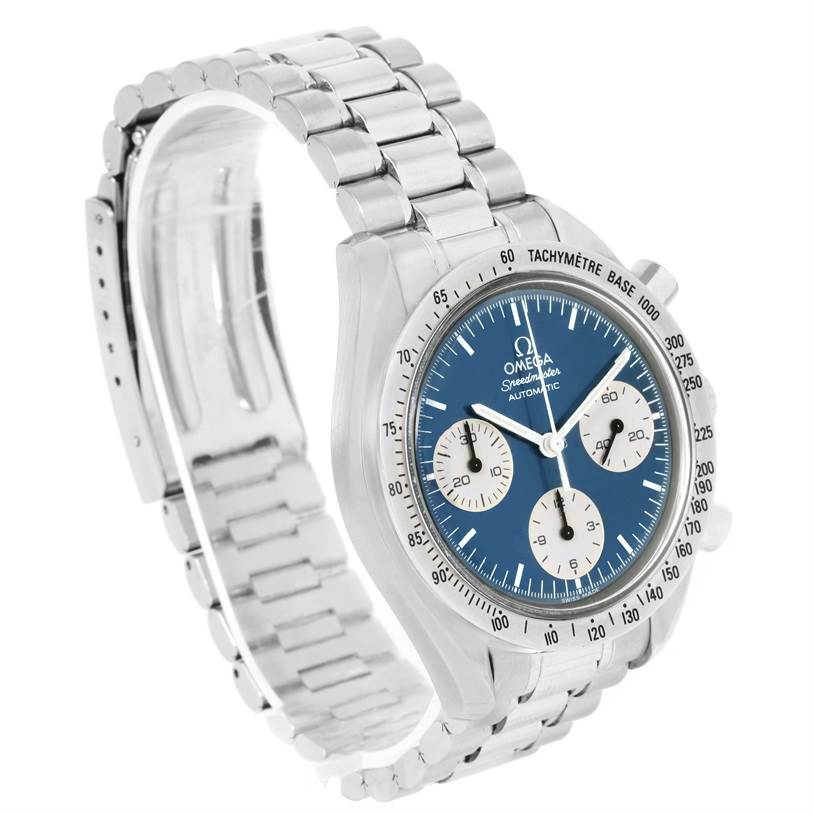 The Omega Speedmaster 3510.82.00 Men
s Stainless Steel Blue Dial 3510.82.00 Men
s Stainless Steel Blue Dial watch is shown at a slight angle, highlighting the face, bezel, and bracelet.