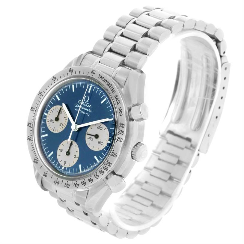 The image shows an Omega Speedmaster 3510.82.00 Men
s Stainless Steel Blue Dial 3510.82.00 Men
s Stainless Steel Blue Dial watch from a front angle, highlighting the dial, bezel, pushers, and bracelet.