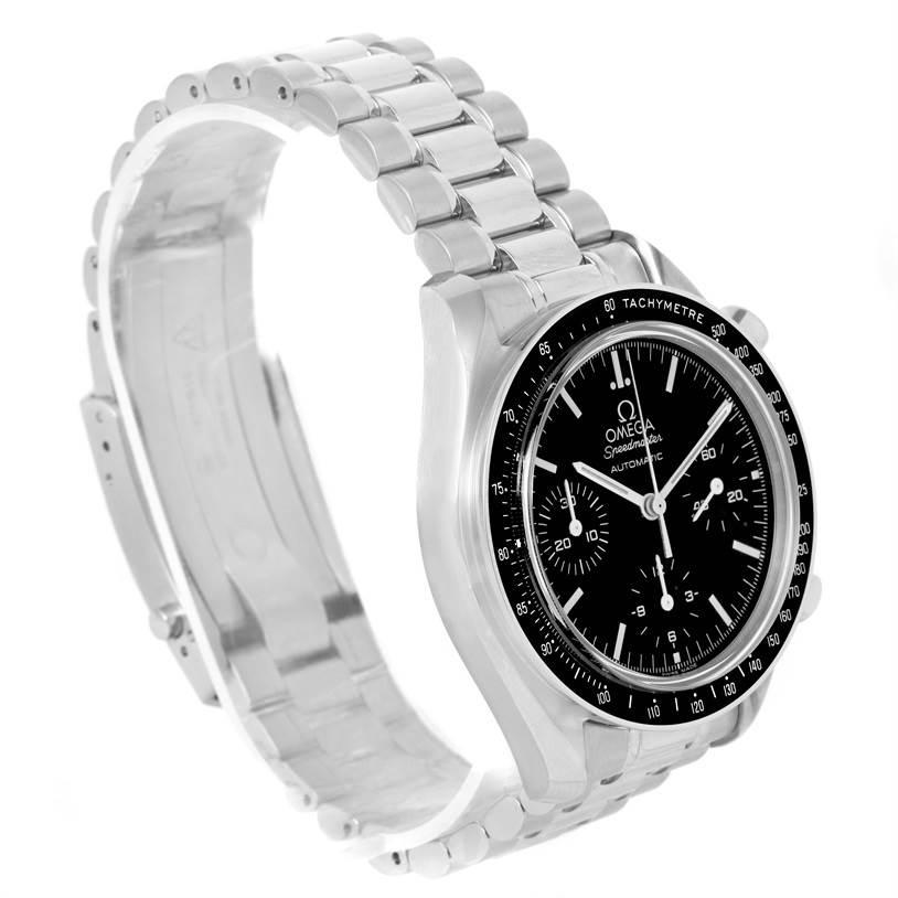 The image shows a front-angled view of an Omega Speedmaster 3539.50.00 Men
s Stainless Steel Black Dial 3539.50.00 Men
s Stainless Steel Black Dial watch, highlighting its black dial, bezel, and stainless steel bracelet.