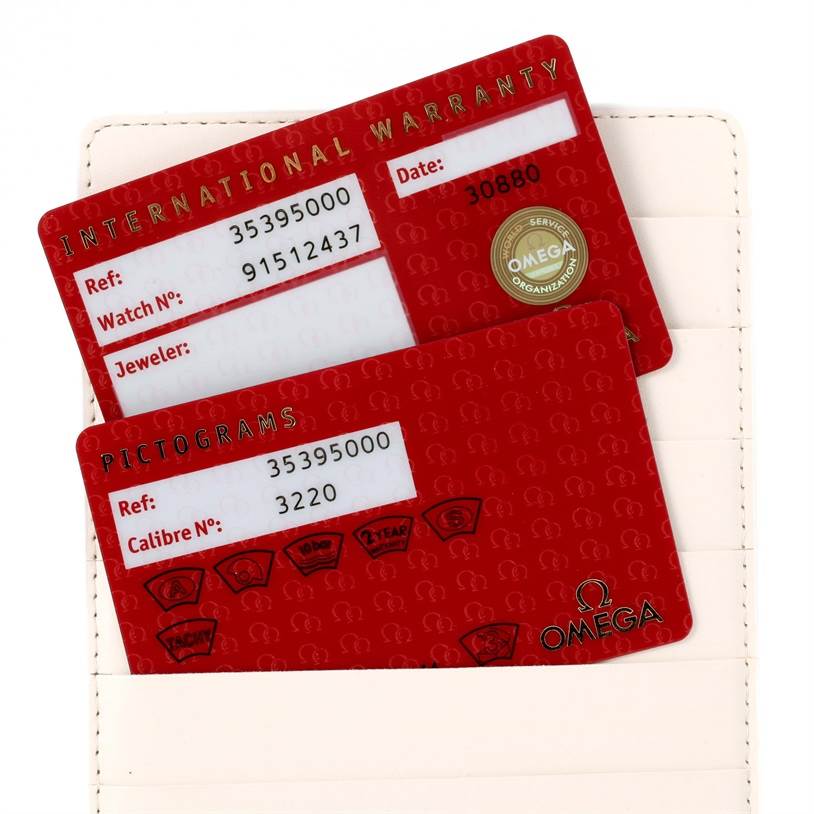 The image shows two Omega Speedmaster 3539.50.00 Men
s Stainless Steel Black Dial 3539.50.00 Men
s Stainless Steel Black Dial warranty and pictogram cards in a holder, photographed from above.