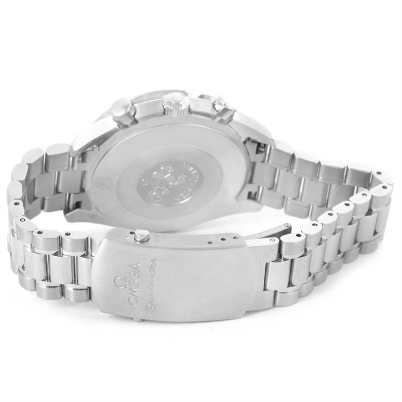The image shows the clasp, bracelet, and case back of the Omega Speedmaster 3539.50.00 Men
s Stainless Steel Black Dial 3539.50.00 Men
s Stainless Steel Black Dial watch from a rear angle.