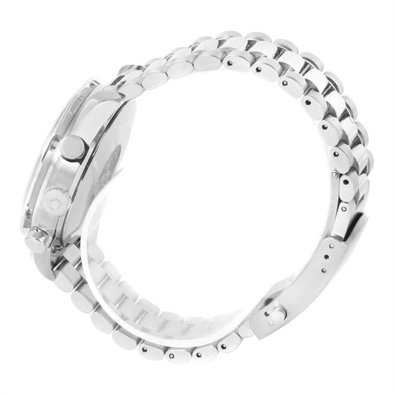 The image displays a side view of an Omega Speedmaster 3539.50.00 Men
s Stainless Steel Black Dial 3539.50.00 Men
s Stainless Steel Black Dial watch, highlighting its case, crown, pushers, and metal bracelet.