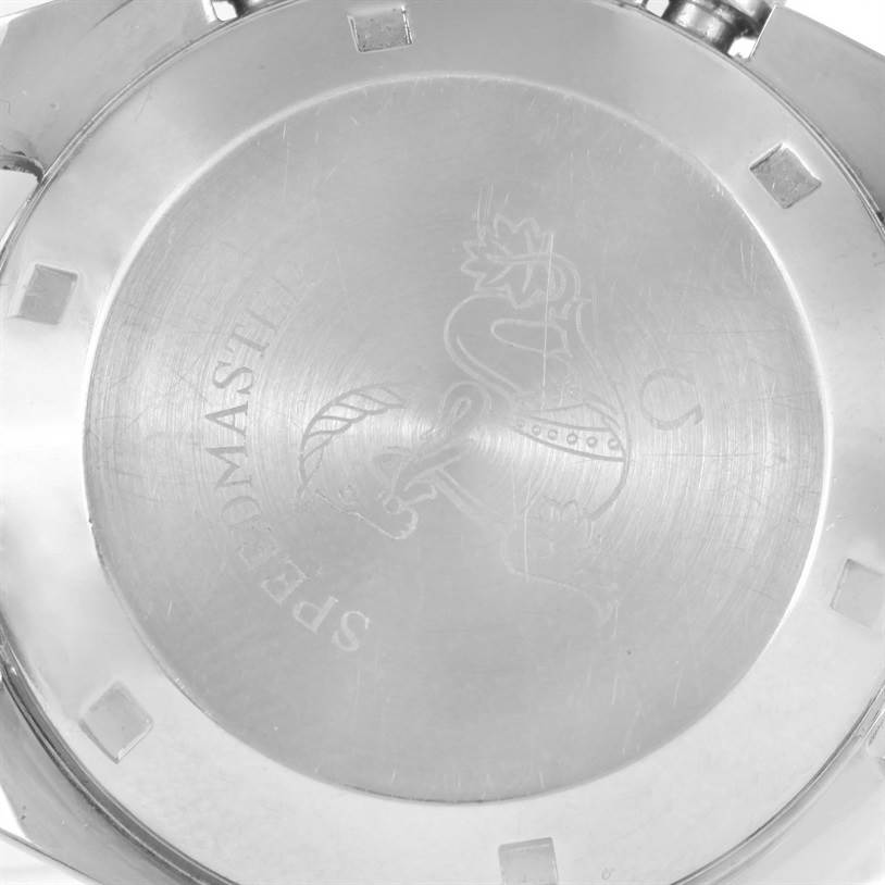 The image shows the case back of an Omega Speedmaster 145.022 Men
s Stainless Steel Black Dial 145.022 Men
s Stainless Steel Black Dial watch with its engraved design and logo.