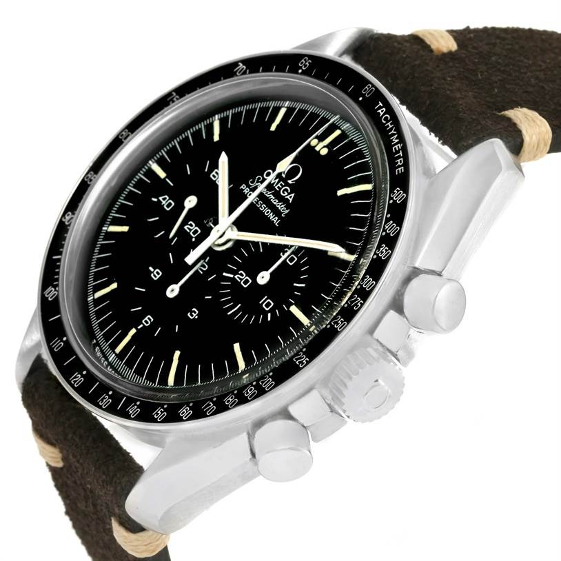 The Omega Speedmaster 145.022 Men
s Stainless Steel Black Dial 145.022 Men
s Stainless Steel Black Dial watch is shown at a slight angle, displaying the face, tachymeter bezel, pushers, crown, and part of the strap.