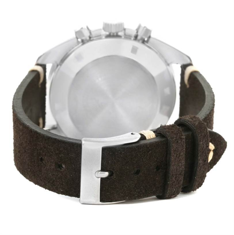 The image shows the back view of an Omega Speedmaster 145.022 Men
s Stainless Steel Black Dial 145.022 Men
s Stainless Steel Black Dial watch with a brown leather strap and buckle.