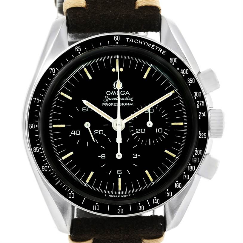 This image shows a front view of the Omega Speedmaster 145.022 Men
s Stainless Steel Black Dial 145.022 Men
s Stainless Steel Black Dial, highlighting the dial, tachymeter bezel, and chronograph pushers.