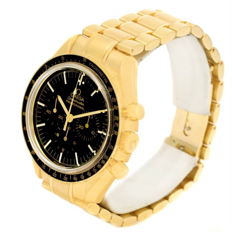 The Omega Speedmaster 3195.50.00 Men's Yellow Gold Black Dial 3195.50.00 Men's Yellow Gold Black Dial watch is shown from a three-quarter angle, featuring its gold bracelet, black dial, and tachymeter bezel.