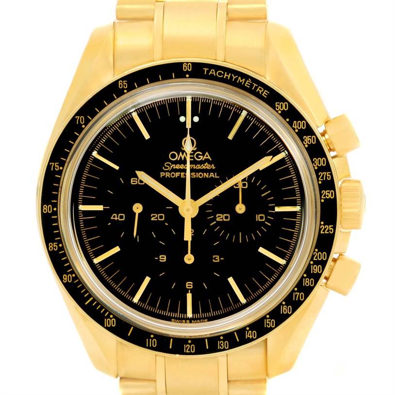 The image shows a front view of the Omega Speedmaster 3195.50.00 Men's Yellow Gold Black Dial 3195.50.00 Men's Yellow Gold Black Dial watch, highlighting its black dial, tachymeter, and gold case and bracelet.