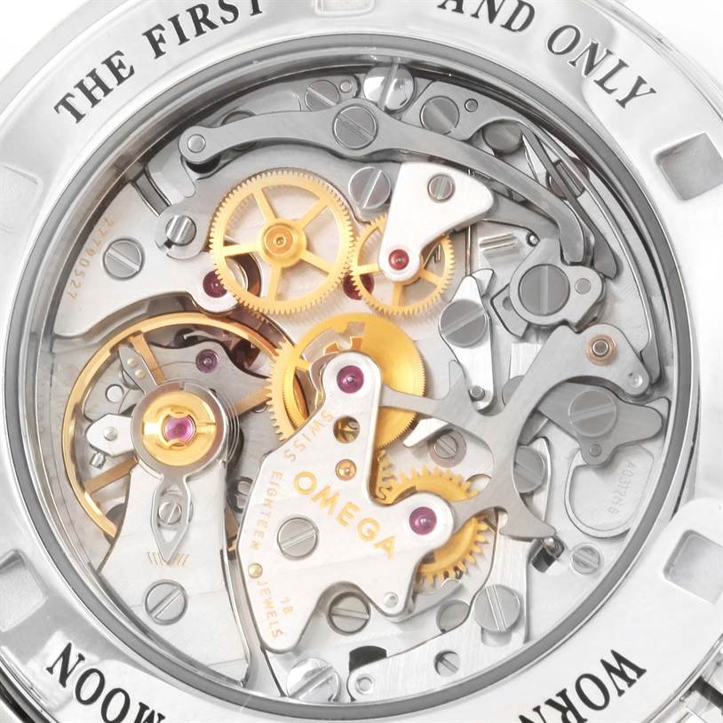 The image shows the intricate internal movement of the Omega Speedmaster 311.30.42.30.13.001 Men's Stainless Steel Brown Dial 311.30.42.30.13.001 Men's Stainless Steel Brown Dial watch from a close-up, back angle.