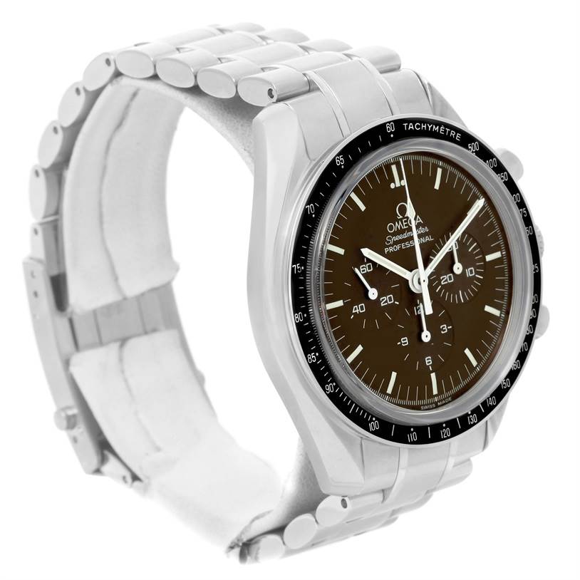 The Omega Speedmaster 311.30.42.30.13.001 Men's Stainless Steel Brown Dial 311.30.42.30.13.001 Men's Stainless Steel Brown Dial watch shown is viewed from a front-left angle, showcasing its dial, bezel, and part of the metallic bracelet.