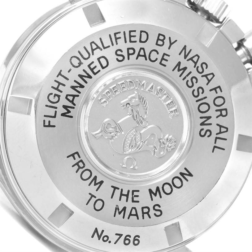 The image shows the case back of an Omega Speedmaster 3577.50.00 Men
s Stainless Steel Black Dial 3577.50.00 Men
s Stainless Steel Black Dial watch, highlighting its NASA flight qualification and logo.