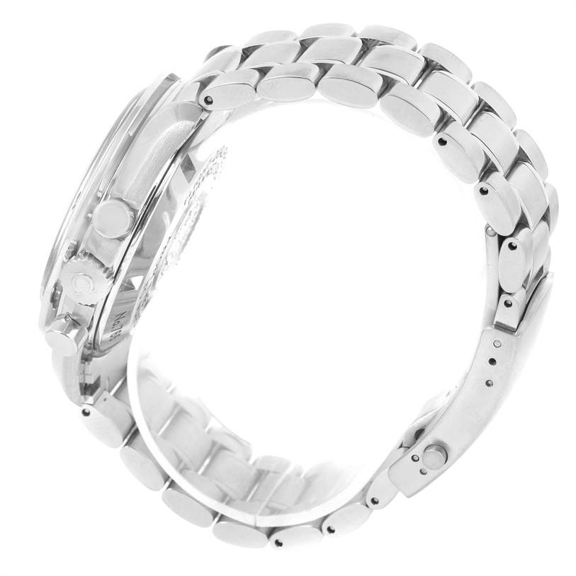 The image shows a side view of the casing, pushers, crown, and bracelet links of an Omega Speedmaster 3577.50.00 Men
s Stainless Steel Black Dial 3577.50.00 Men
s Stainless Steel Black Dial watch.