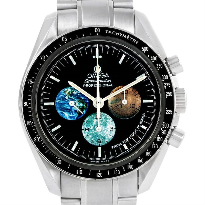 The image shows a front view of the Omega Speedmaster watch, displaying the face, bezel, and stainless steel bracelet.