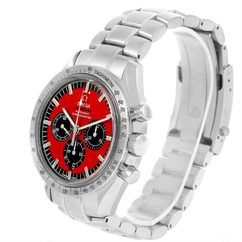 The image shows a left-side angle of the Omega Speedmaster 3506.61.00 Men's Stainless Steel Red Dial 3506.61.00 Men's Stainless Steel Red Dial watch highlighting its red dial, chronographs, and metal bracelet.