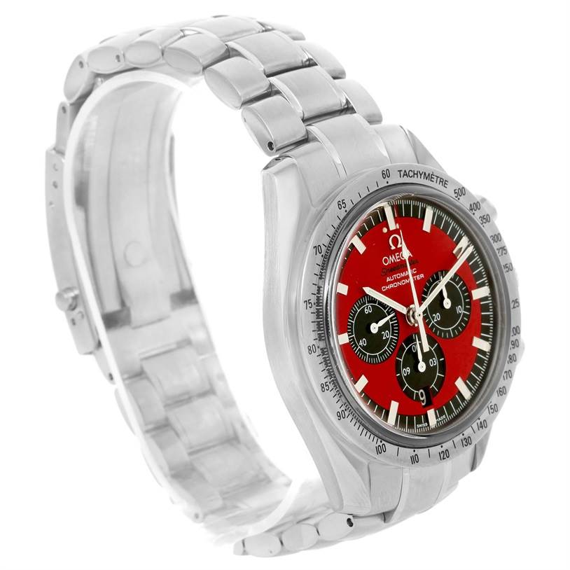 The image shows an Omega Speedmaster 3506.61.00 Men's Stainless Steel Red Dial 3506.61.00 Men's Stainless Steel Red Dial watch at a three-quarter angle, highlighting its red dial, chronograph subdials, and metal bracelet.