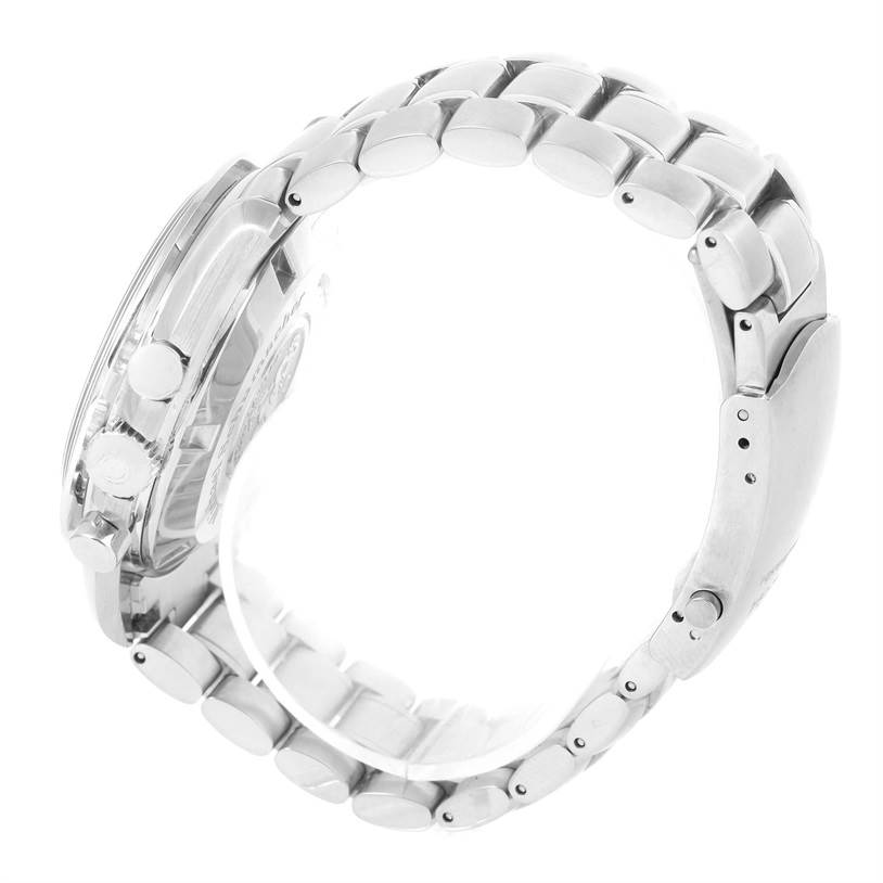 This Omega Speedmaster 3506.61.00 Men's Stainless Steel Red Dial 3506.61.00 Men's Stainless Steel Red Dial watch is shown from the side, highlighting its metal bracelet and buttons.