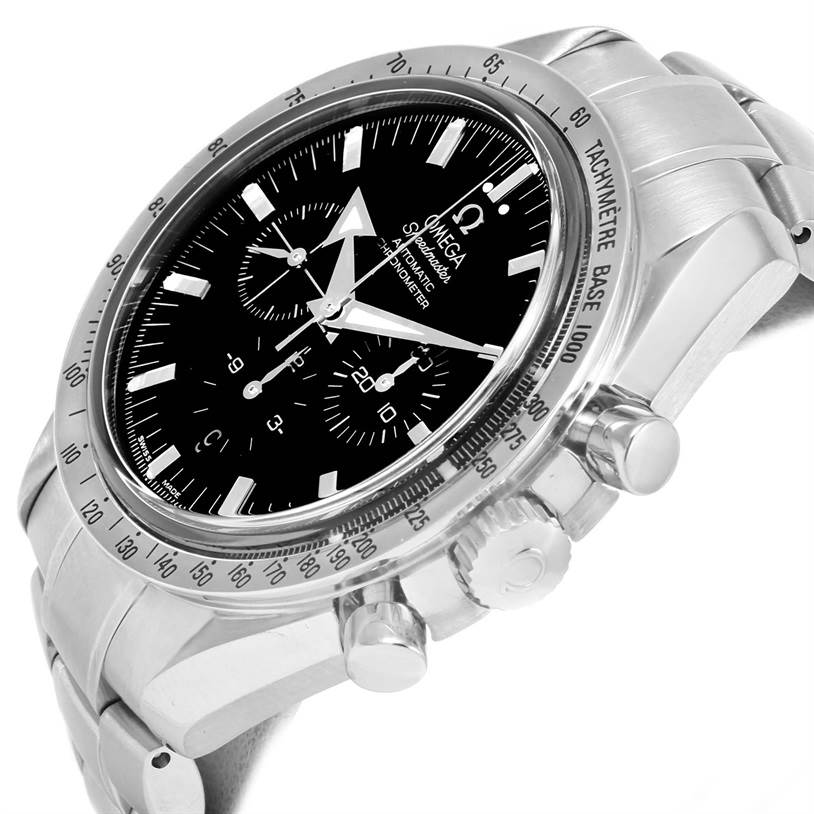 The image shows a side view of the Omega Speedmaster 3551.50.00 Men
s Stainless Steel Black Dial 3551.50.00 Men
s Stainless Steel Black Dial, highlighting the dial, tachymeter bezel, and pushers.