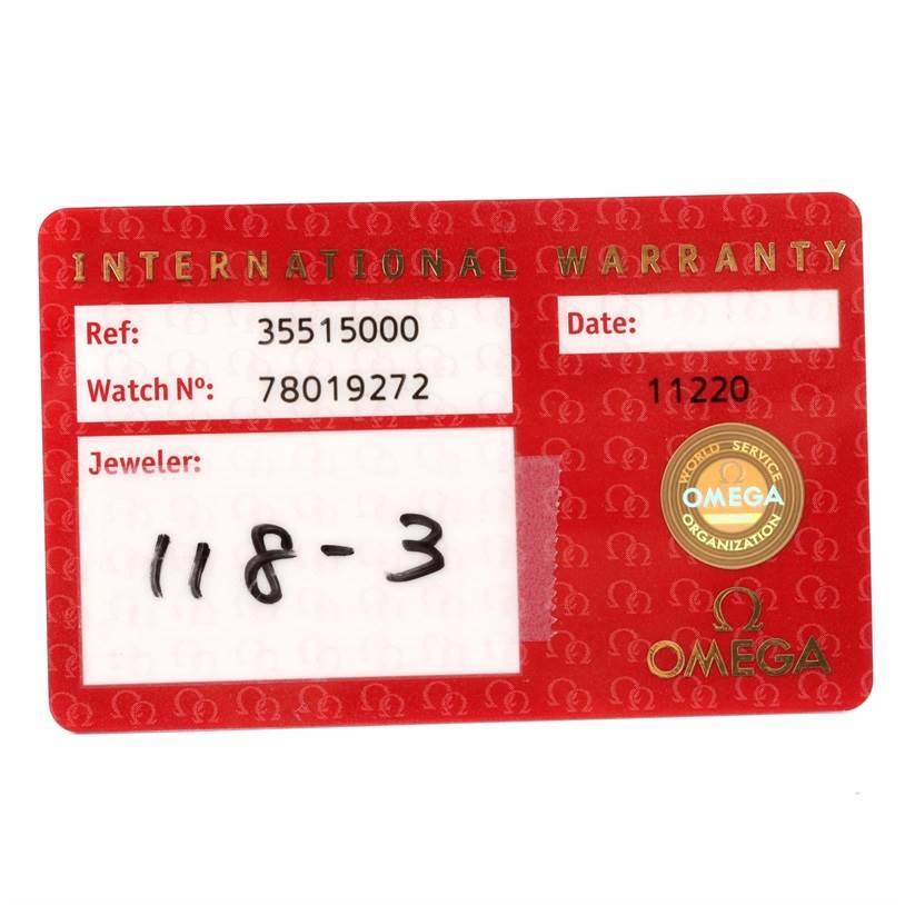 This image shows the international warranty card for the Omega Speedmaster 3551.50.00 Men
s Stainless Steel Black Dial 3551.50.00 Men
s Stainless Steel Black Dial model, featuring reference and watch numbers.