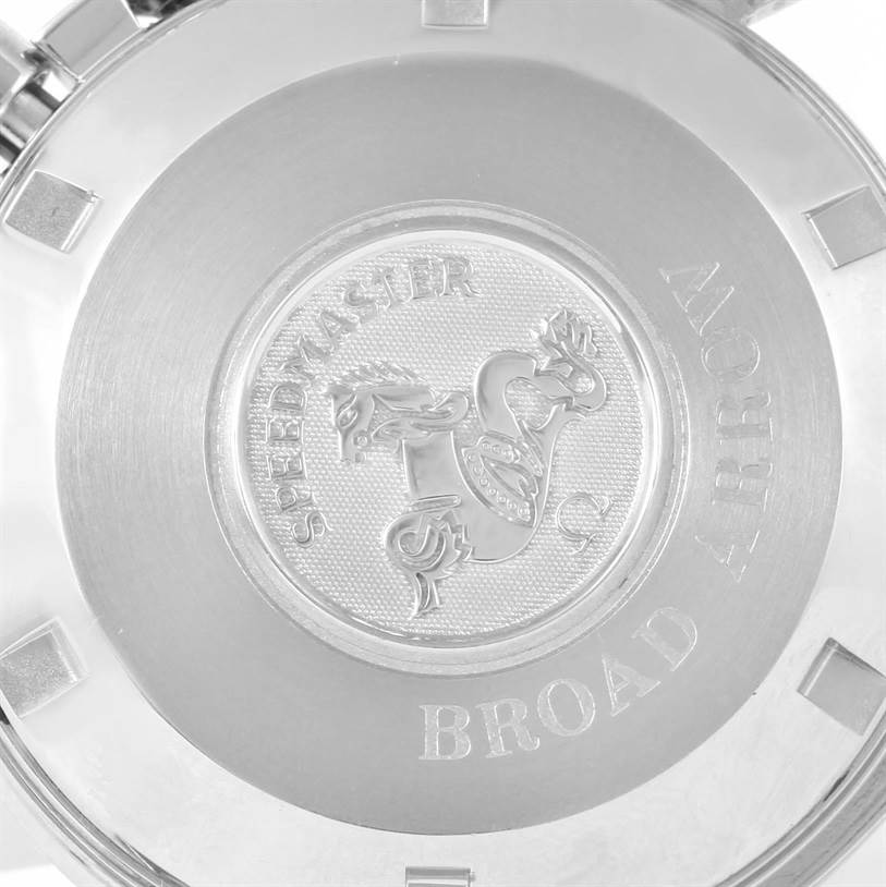 The image shows the case back of an Omega Speedmaster 3551.50.00 Men
s Stainless Steel Black Dial 3551.50.00 Men
s Stainless Steel Black Dial watch.