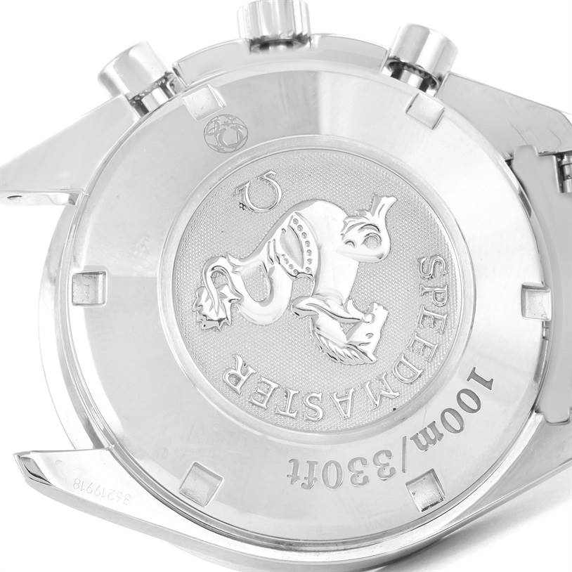 This image shows the case back of the Omega Speedmaster 3212.80.00 Men
s Stainless Steel Blue Dial 3212.80.00 Men
s Stainless Steel Blue Dial watch, highlighting its detailed engravings and water resistance rating.