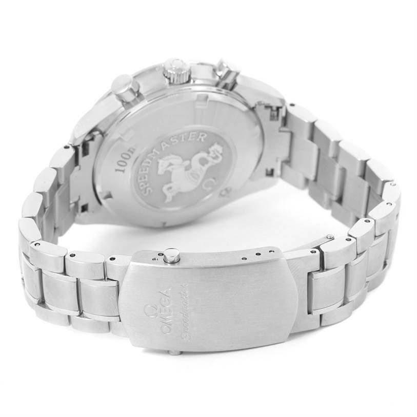 The image shows the back and clasp of an Omega Speedmaster 3212.80.00 Men
s Stainless Steel Blue Dial 3212.80.00 Men
s Stainless Steel Blue Dial watch at an oblique angle.