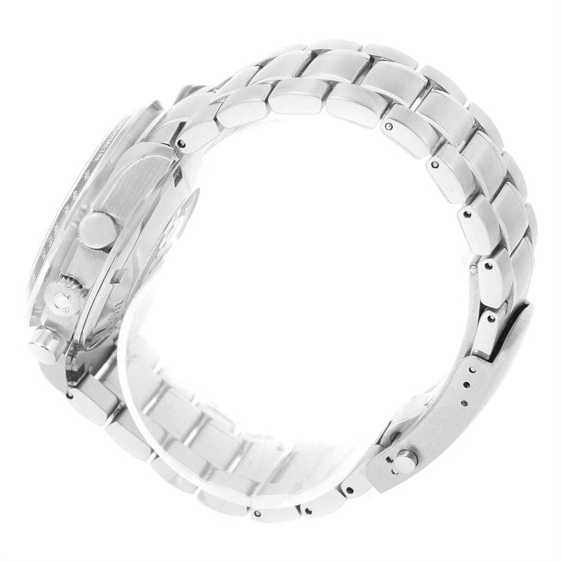 This image shows a side view of the Omega Speedmaster 3212.80.00 Men
s Stainless Steel Blue Dial 3212.80.00 Men
s Stainless Steel Blue Dial watch, highlighting the bracelet, case, and crown.