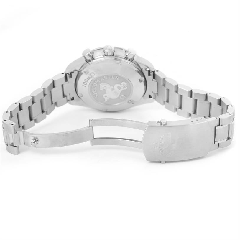 This image shows the back view of the Omega Speedmaster 3212.80.00 Men
s Stainless Steel Blue Dial 3212.80.00 Men
s Stainless Steel Blue Dial watch, highlighting its case back and metal bracelet.