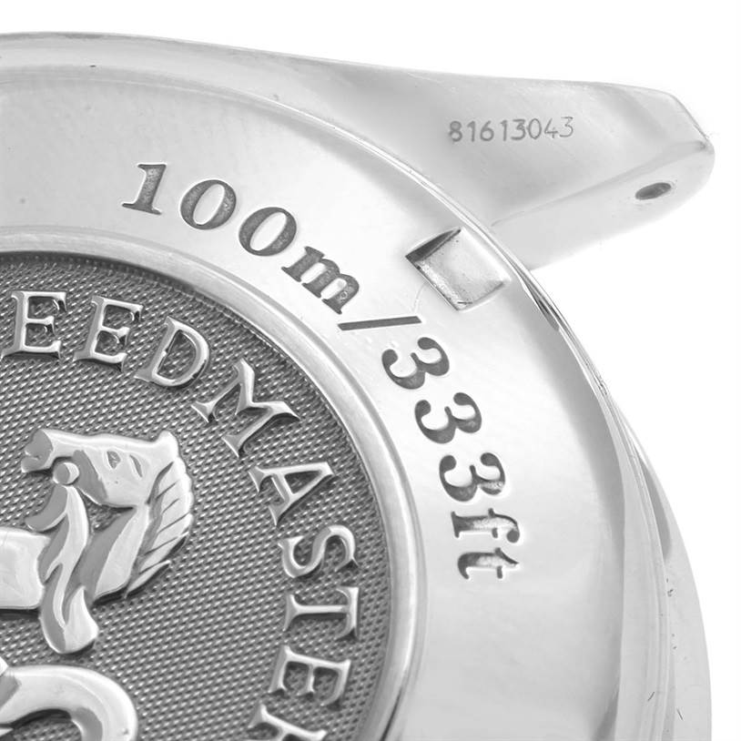 The image shows the back case of an Omega Speedmaster 81613043 Men
s Stainless Steel Black Dial 81613043 Men
s Stainless Steel Black Dial watch, highlighting the engraved model details and water resistance.