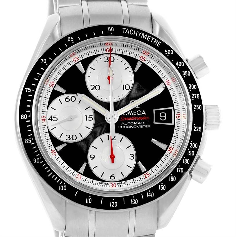 This image shows a front view of an Omega Speedmaster 81613043 Men
s Stainless Steel Black Dial 81613043 Men
s Stainless Steel Black Dial watch, displaying the dial, subdials, tachymeter, and date window.