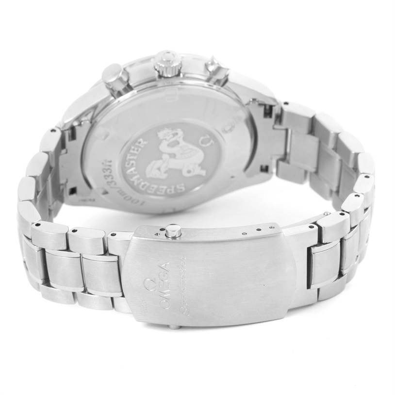 The image shows the back case, clasp, and bracelet of the Omega Speedmaster 81613043 Men
s Stainless Steel Black Dial 81613043 Men
s Stainless Steel Black Dial watch from a rear angle.