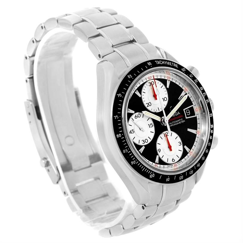 This image shows an Omega Speedmaster 81613043 Men
s Stainless Steel Black Dial 81613043 Men
s Stainless Steel Black Dial watch at a three-quarter angle, highlighting its dial, bezel, and metal bracelet.