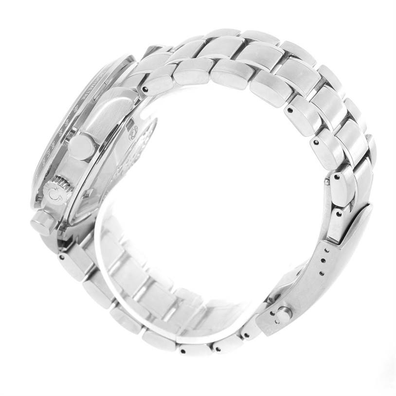 The image shows a side angle of the Omega Speedmaster 81613043 Men
s Stainless Steel Black Dial 81613043 Men
s Stainless Steel Black Dial watch, highlighting its stainless steel bracelet, case, and crown.