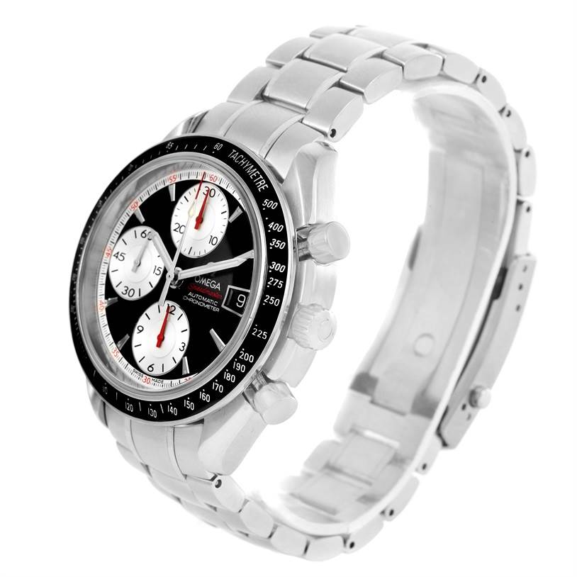 This image shows a side angle of the Omega Speedmaster 81613043 Men
s Stainless Steel Black Dial 81613043 Men
s Stainless Steel Black Dial watch, revealing its face, bezel, crown, pushers, and part of the metal bracelet.