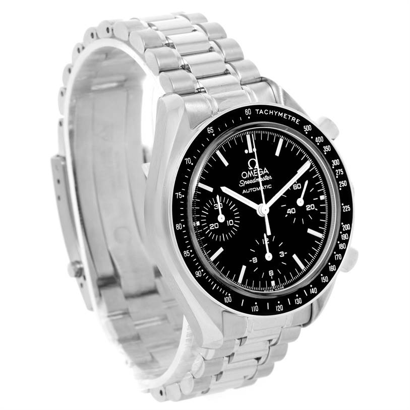 The Omega Speedmaster 3539.50.00 Men
s Stainless Steel Black Dial 3539.50.00 Men
s Stainless Steel Black Dial watch is shown at a three-quarter angle, displaying its face, bezel, and metal bracelet.