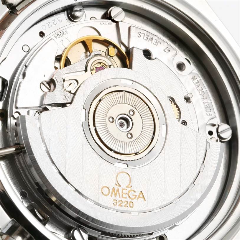 This close-up image displays the inner mechanism and movement of an Omega Speedmaster 3539.50.00 Men
s Stainless Steel Black Dial 3539.50.00 Men
s Stainless Steel Black Dial watch model.