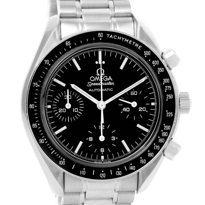 The image shows a front view of the Omega Speedmaster 3539.50.00 Men
s Stainless Steel Black Dial 3539.50.00 Men
s Stainless Steel Black Dial watch, highlighting its dial, case, and bracelet.