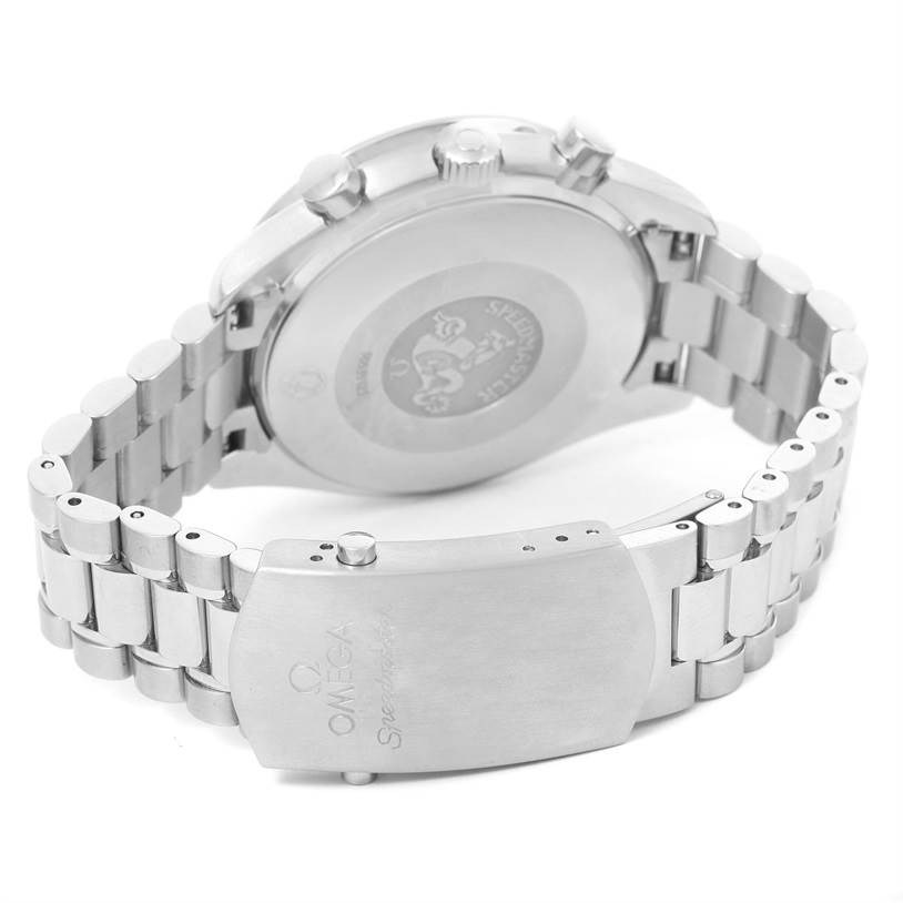 The image shows the back case, crown, pushers, and bracelet with clasp of an Omega Speedmaster 3539.50.00 Men
s Stainless Steel Black Dial 3539.50.00 Men
s Stainless Steel Black Dial watch at an angled rear view.